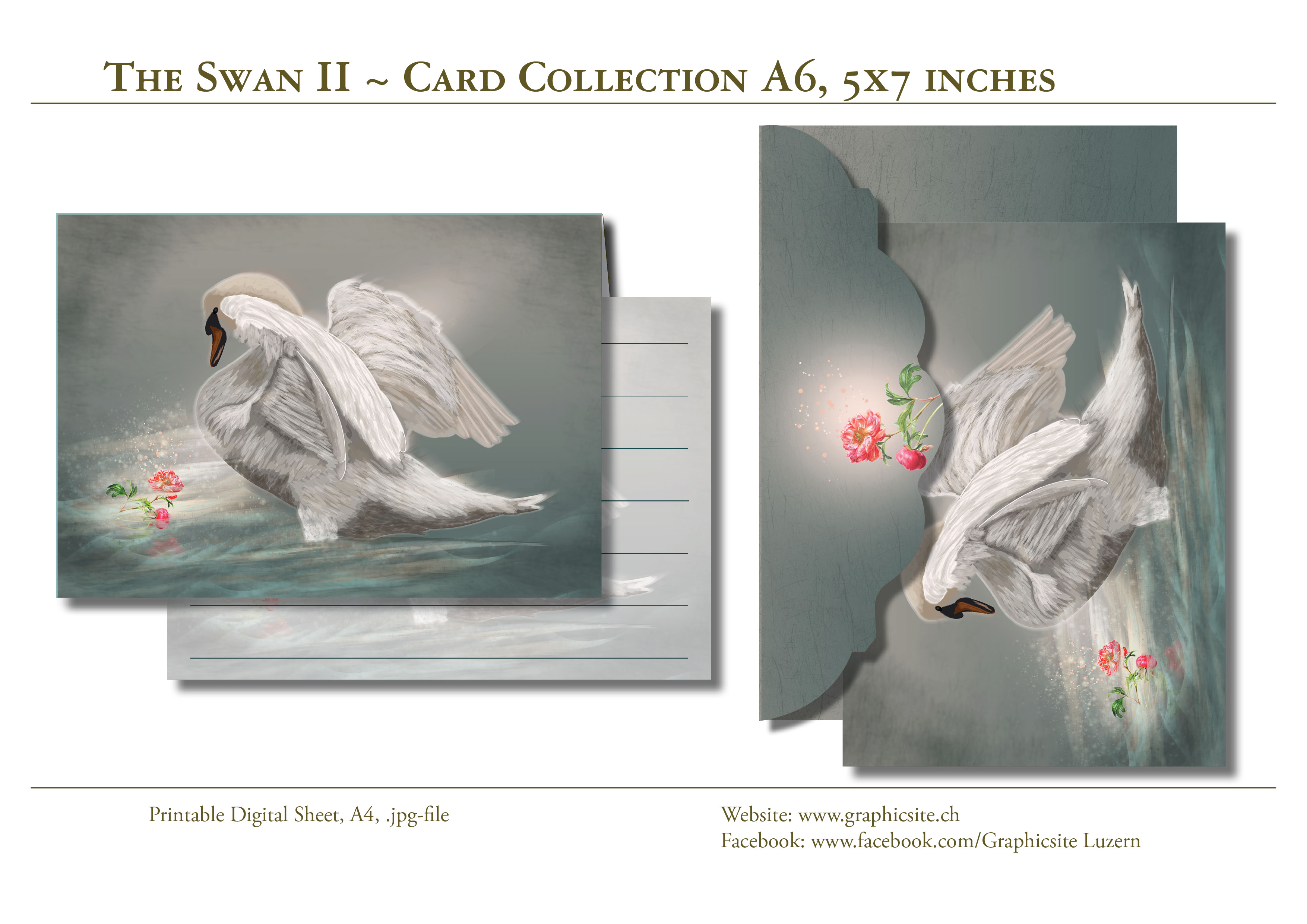 Printable Digital Sheets - DIN A Card Collection - TheSwan2 - Animals, Swan, Feathers, Stationary